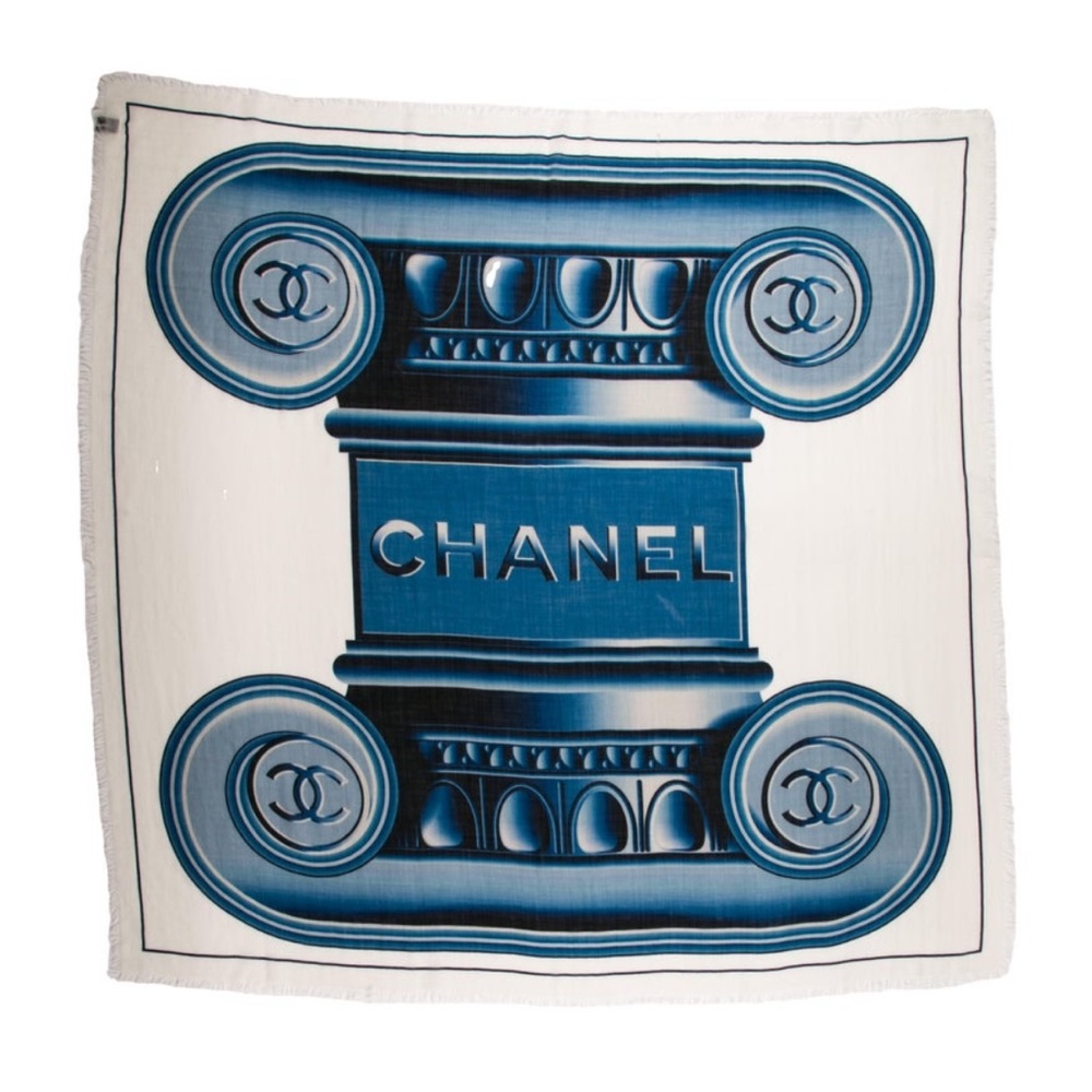Chanel Cashmere Interlocking CC Logo Authentic Lge Scarf Blue White Wrap Printed